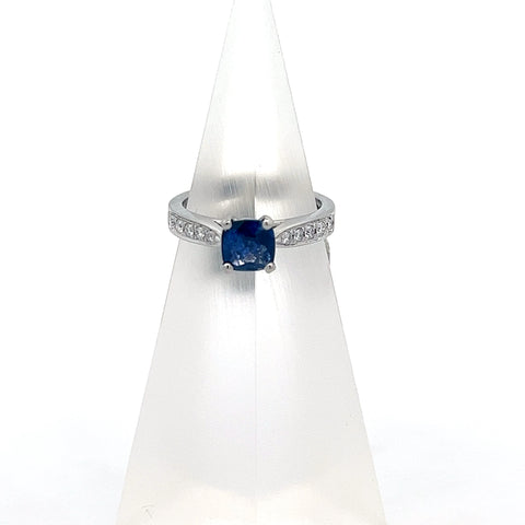 S0137 - Platinum Cushion Blue Sapphire and Diamond Shoulder Ring