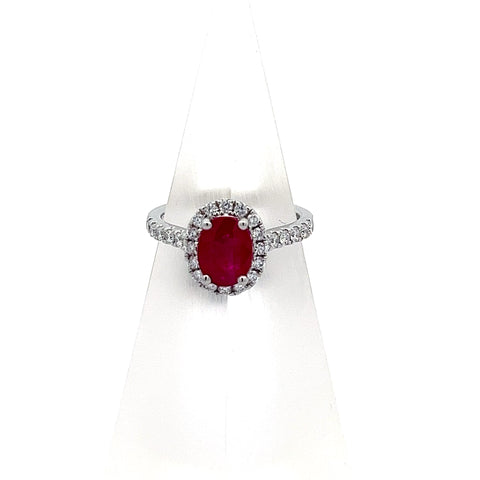 R0126 - Platinum Oval Burma Ruby with Diamond Halo and Shoulders Ring