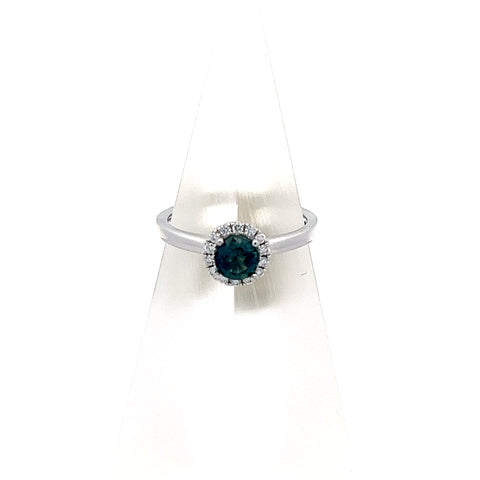 TS0206 - 18kt WG Round Teal Sapphire Halo Ring