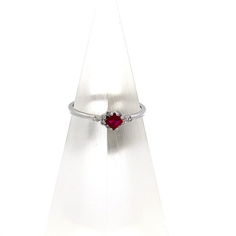 R0130 - 18kt WG Princess Cus Ruby and Diamond Ring