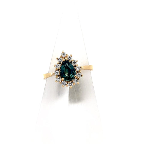 TS0196 - 18kt YG Teal Pear Sapphire with Diamond Halo Cluster