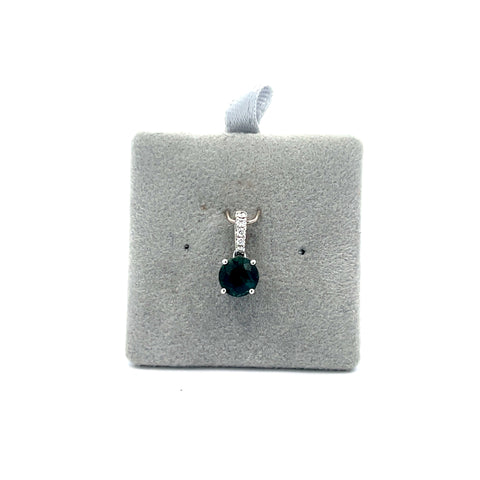 18kt WG Round Teal Sapphire with Diamond Bale