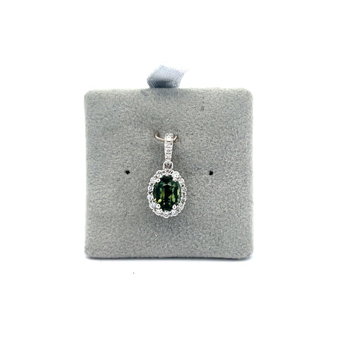 18kt WG Oval Teal Sapphire with Diamond Cluster and Bale