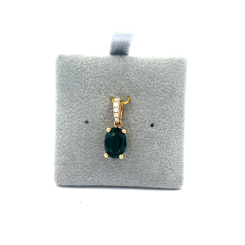 18kt YG Oval Teal Sapphire with Diamond Hidden Halo and Bale