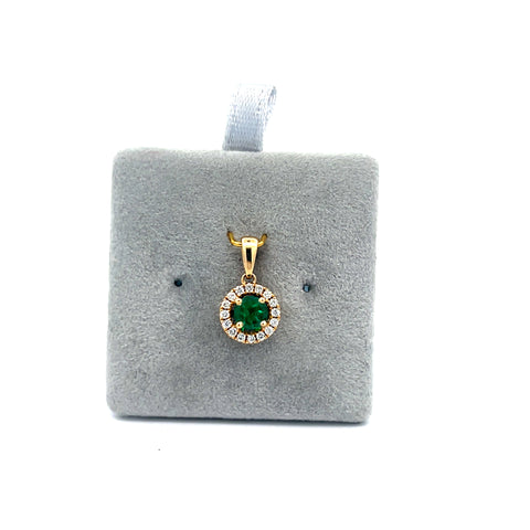 18kt YG Round Zambian Emerald Halo Pendant