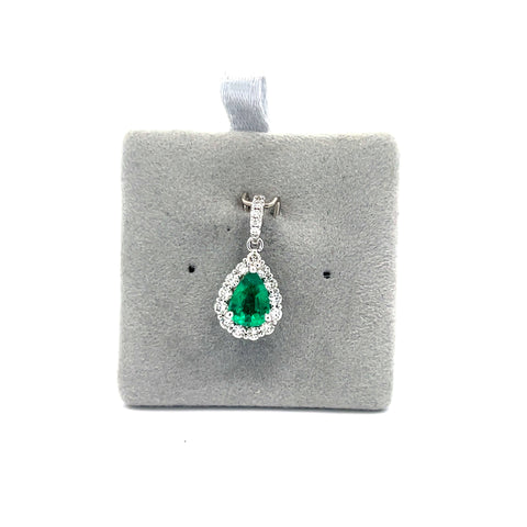 18kt WG Pear Zambian Emerald with Diamond Halo and Bale