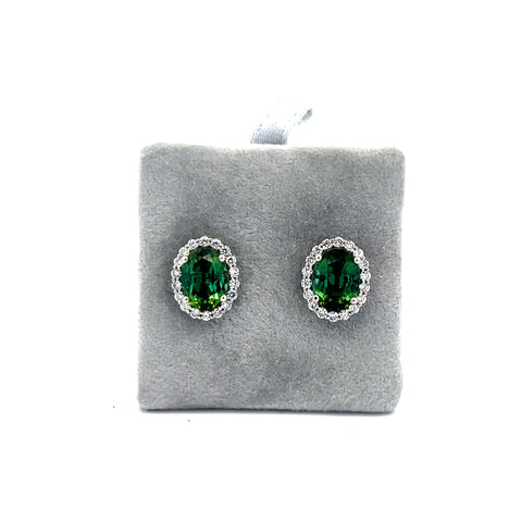 18kt WG Oval Green Tourmaline and Diamond Cluster Earrings