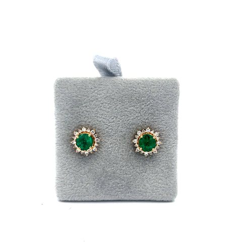 18kt YG Fine Zambian Round Emerald and Diamond Halo Stud Earrings