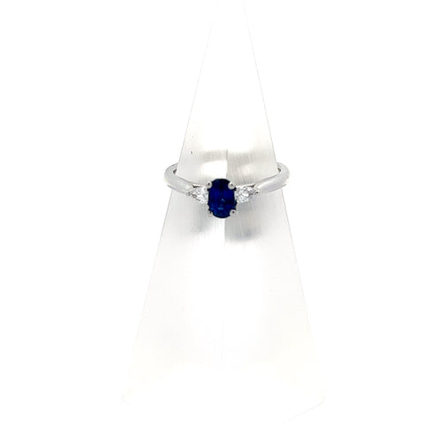 S0208 - Platinum Oval Blue Sapphire and Pear Diamond Three stone Ring