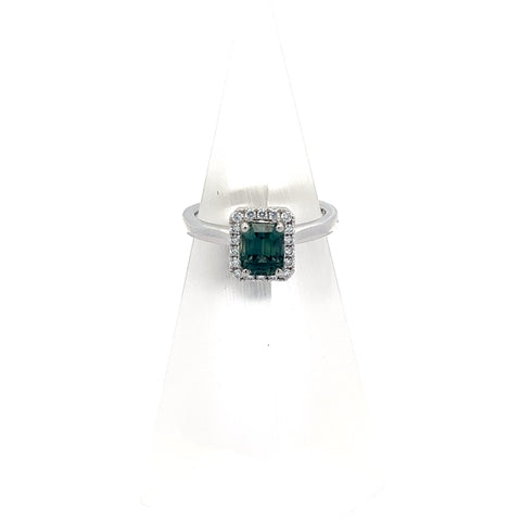 TS0207 - Platinum Teal Octagonal Sapphire with Diamond Halo Ring