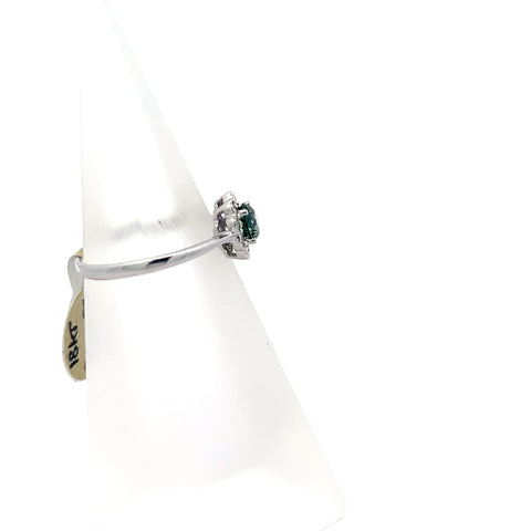 TS0209 - 18kt WG Round Teal Sapphire with Diamond Halo Millgrain Edge Ring