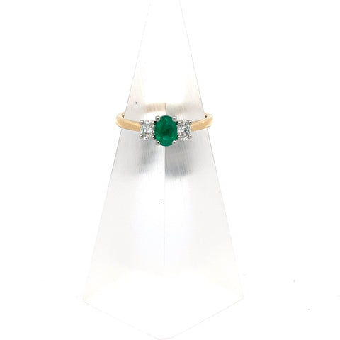 E0190 - 18kt YG/Platinum Oval Emerald and Oval Diamond Three stone Ring