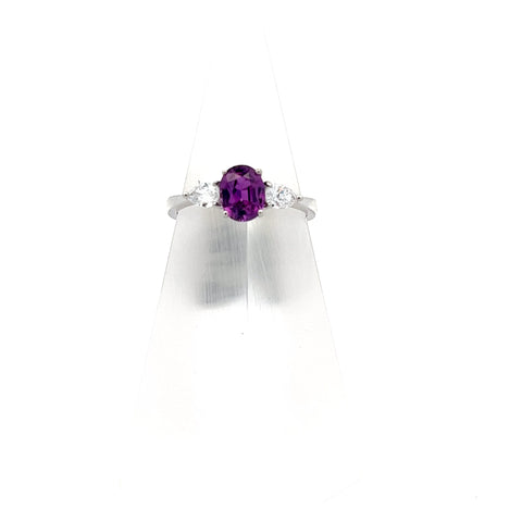 PS0210 - Platinum Oval Purple Sapphire and  Pear Diamond Three stone Ring