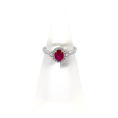 R0154 - Platinum Oval Ruby Halo Diamond Ring