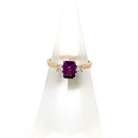 GARN5 - 18kt YG Octagonal Purple Garnet and Round Diamond Three Stone Ring