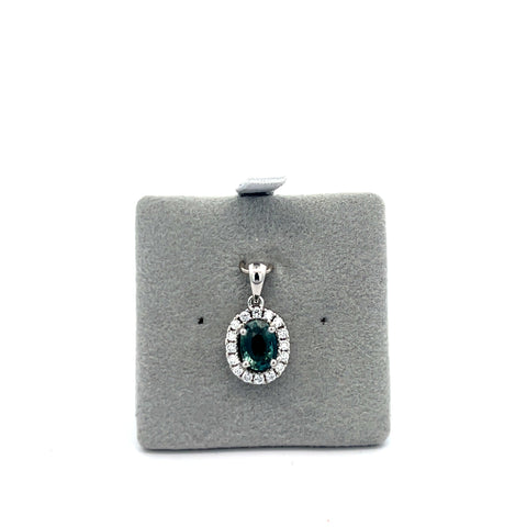 18kt WG Oval Teal Sapphire with Diamond Halo Pendant