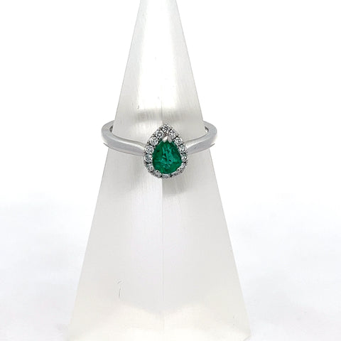 E0191 - Plat Zambian Pear Emerald  with Diamond Halo Ring