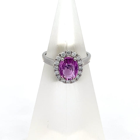 PS0215 - 18kt WG Oval Pink Sapphire and Diamond Halo Ring
