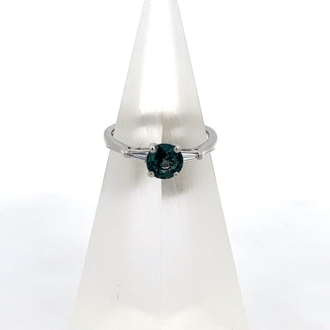 TS0124 - 18kt WG Round Teal Sapphire and Tapered Baguette Ring