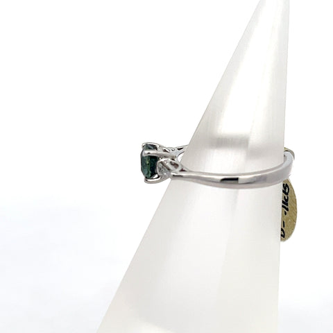 TS0124 - 18kt WG Round Teal Sapphire and Tapered Baguette Ring