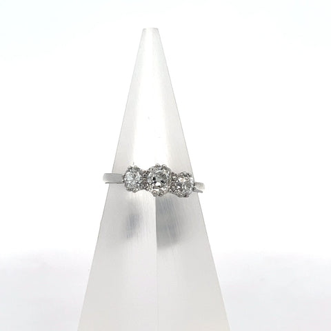40565 - Platinum Old Cut Cushion Diamond Three-Stone Diamond Ring