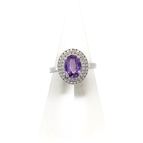 PS0217 - 18kt WG Purple Oval Sapphire with a double Diamond halo Ring