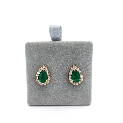 18kt YG Pear Zambian Emerald Halo Earrings