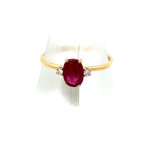 R0167 - 18KT YG Oval Ruby and Diamond Three Stone Ring