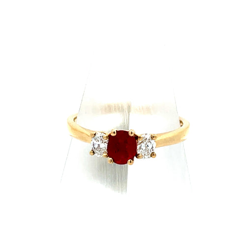 R0166 - 18KT YG Oval Ruby and Diamond Three Stone Ring&nbsp;
