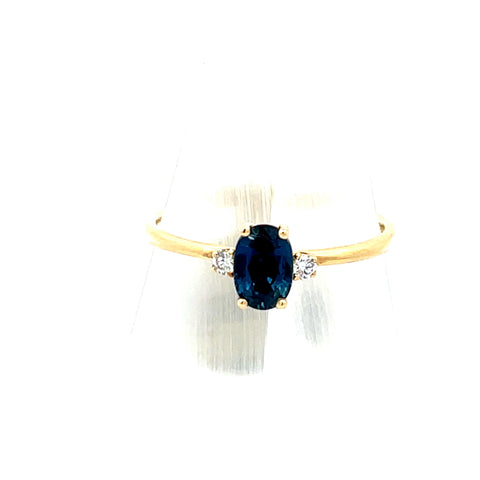S0225 - 18KT YG Oval Blue Sapphire and Diamond Three Stone Ring