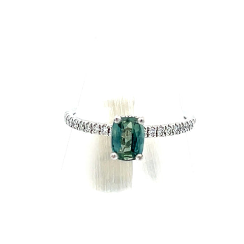 TS0226 - 18KT WG Cushion Teal Sapphire with Diamond Shoulders and Hidden Halo Ring