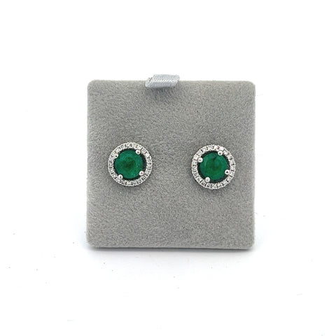 18KT WG Round Emerald Halo Earrings