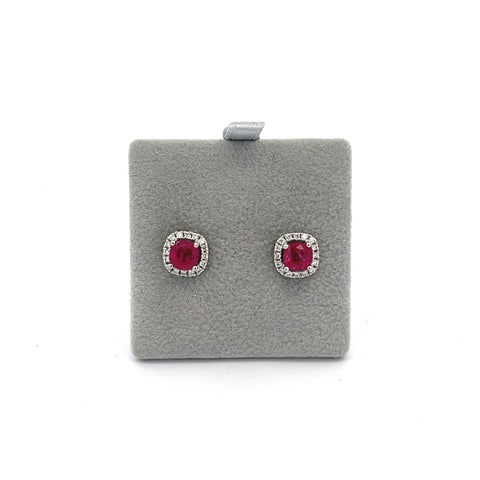 18KT WG Cushion Ruby Halo Earrings