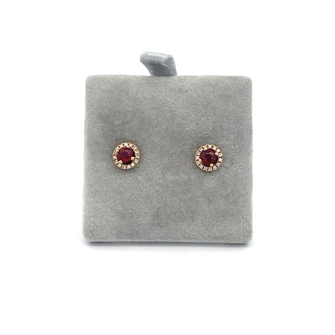 18KT YG Round Ruby Halo Earrings