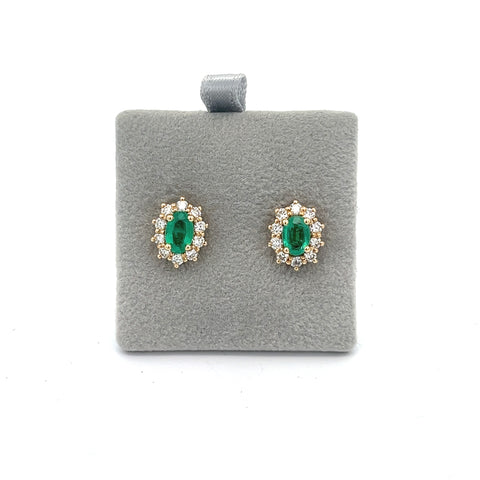 18KT YG Oval Emerald Cluster Earrings