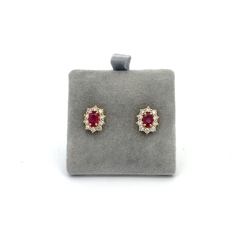 18KT YG Oval Greenland Ruby Cluster Earrings