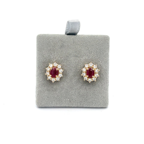 18KT YG Oval Ruby Cluster Earrings