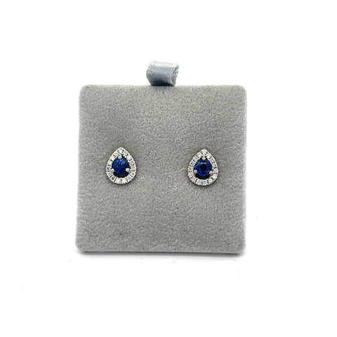 18KT WG Round Sapphire Pear Halo Earrings