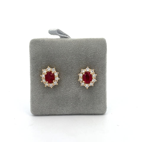 18KT YG Oval Ruby Cluster Earrings