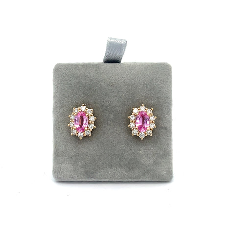 18KT YG Oval Pink Sapphire Cluster Earrings